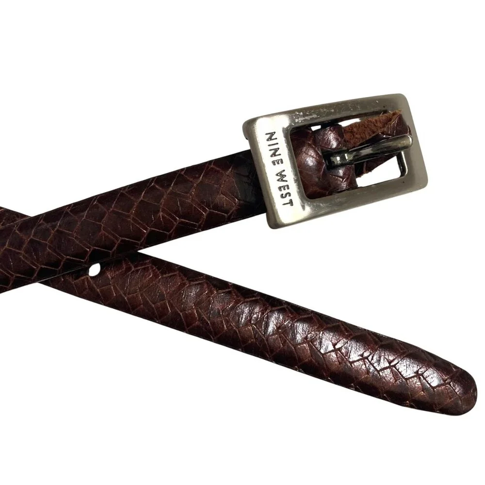 Vintage Nine West Brown Embossed Leather Skinny Belt Medium  Silver Tone Buckle